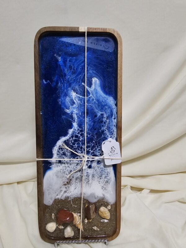Acacia Wood Tray with Ocean Resin art and sand and shells and rocks