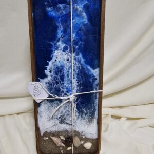 Acacia Wood Tray with Ocean Resin art and sand and shells and rocks