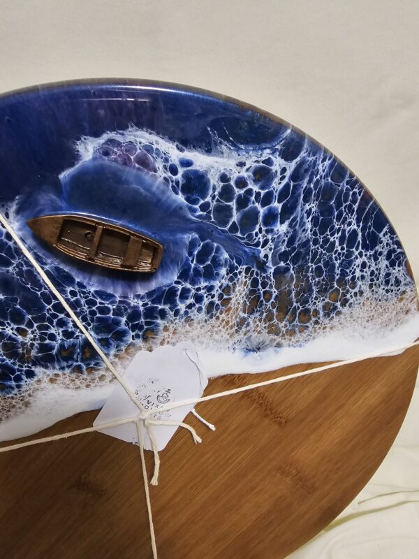 Ocean Resin wave art on a Bamboo Lazy Susan with boat detail and wake
