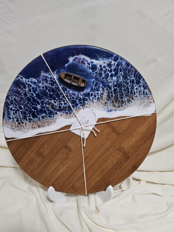 Ocean Resin wave art on a Bamboo Lazy Susan with boat detail and wake