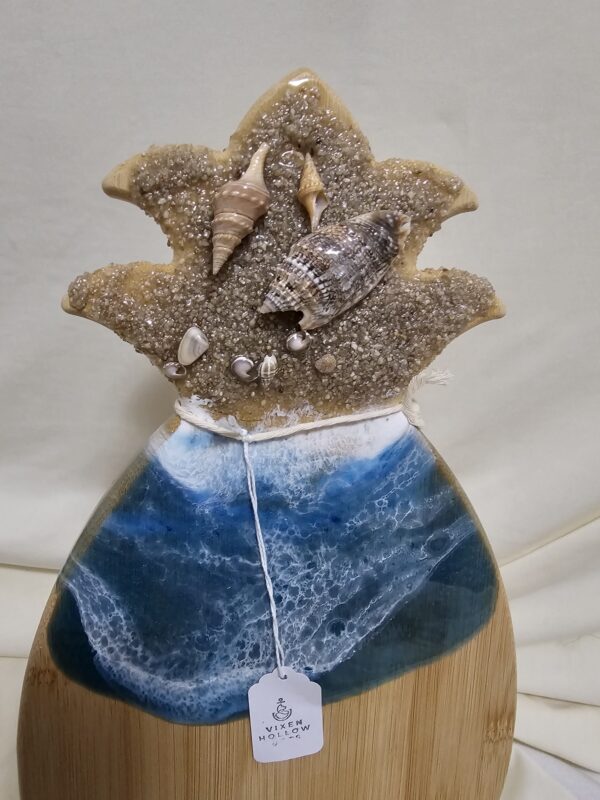 pineapple bamboo charcuterie with ocean resin art and real sand and shells