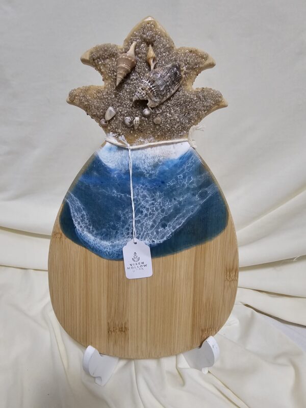 pineapple bamboo charcuterie with ocean resin art and real sand and shells