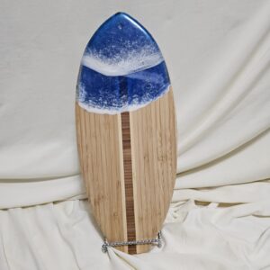 surfboard bamboo charcuterie with ocean resin waves