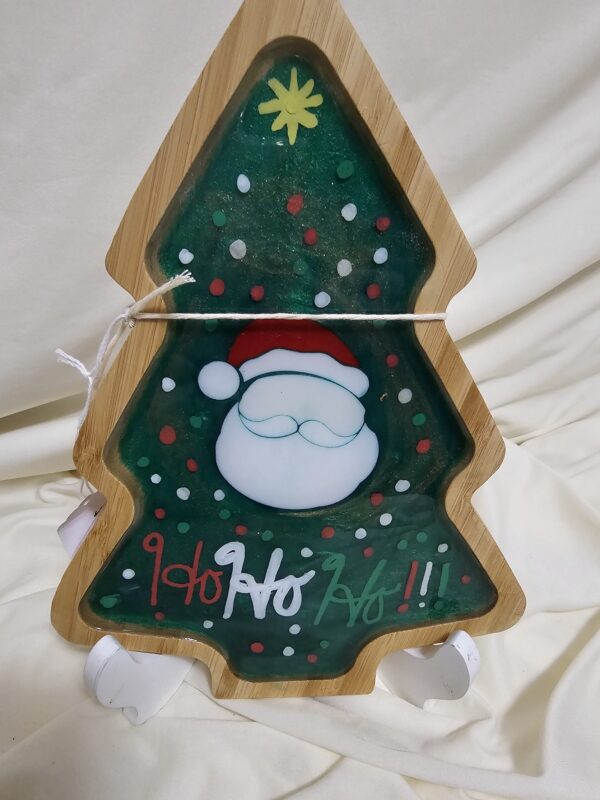 Christmas Tree Charcuterie hand painted with Santa made of cut glass. Cookies for Santa Board.