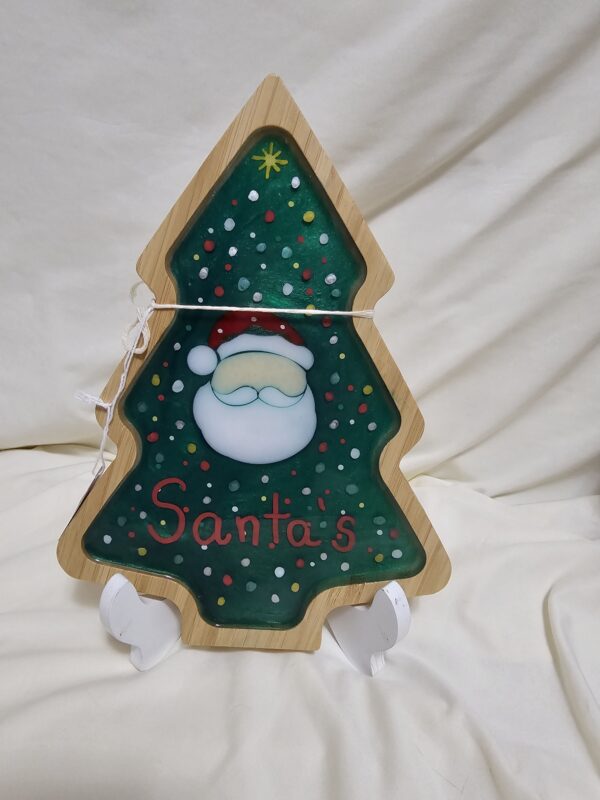 Christmas Tree Charcuterie hand painted with Santa made of cut glass. Cookies for Santa Board.