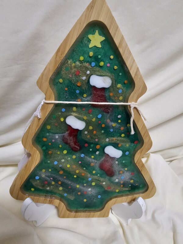 Christmas Tree Charcuterie hand painted with stockings made of cut glass. Cookies for Santa Board.