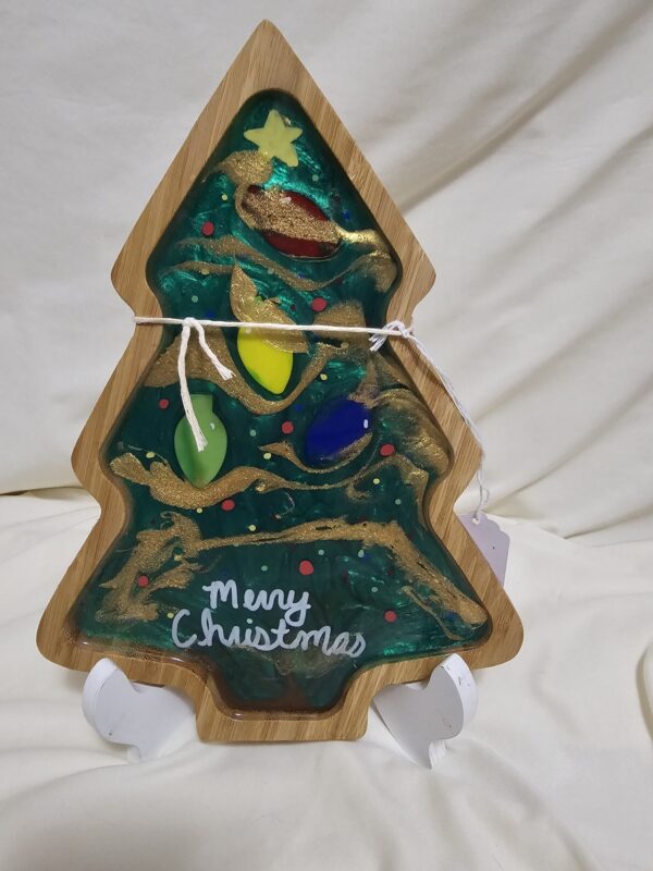 Christmas Tree Charcuterie hand painted with light bulbs made of cut glass. Cookies for Santa Board.