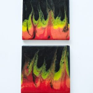 CAMPFIRE COASTER Vibrant red, orange, and amber tones layered to reflect the warmth and glow of a crackling campfire.