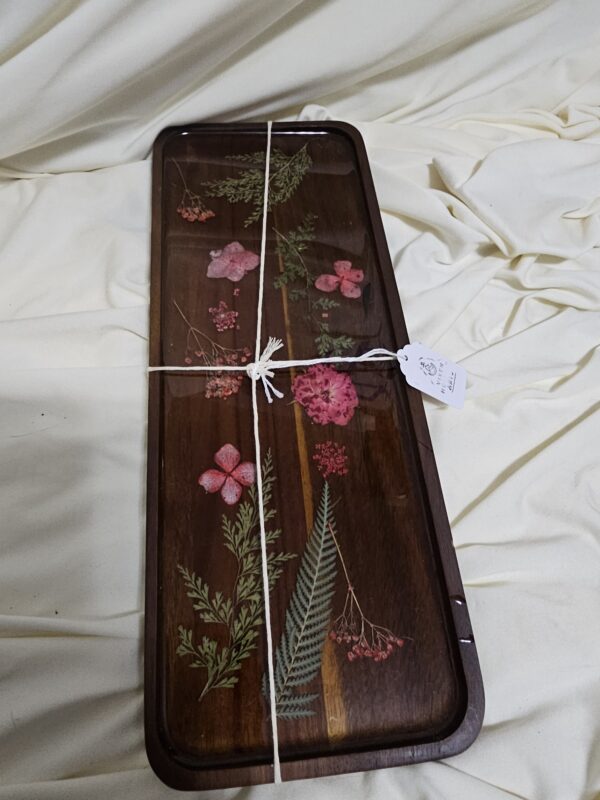 Red florals in resin on an Acacia Wood Tray