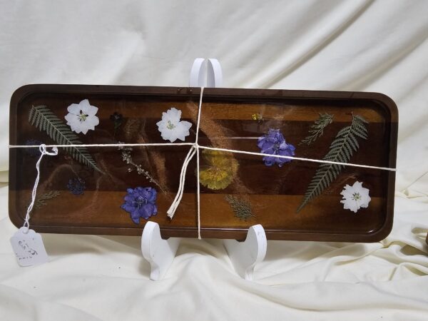Purple, yellow and white florals in resin on an Acacia Wood Tray