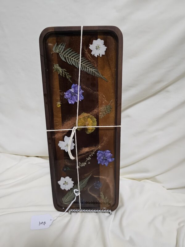 Purple, yellow and white florals in resin on an Acacia Wood Tray