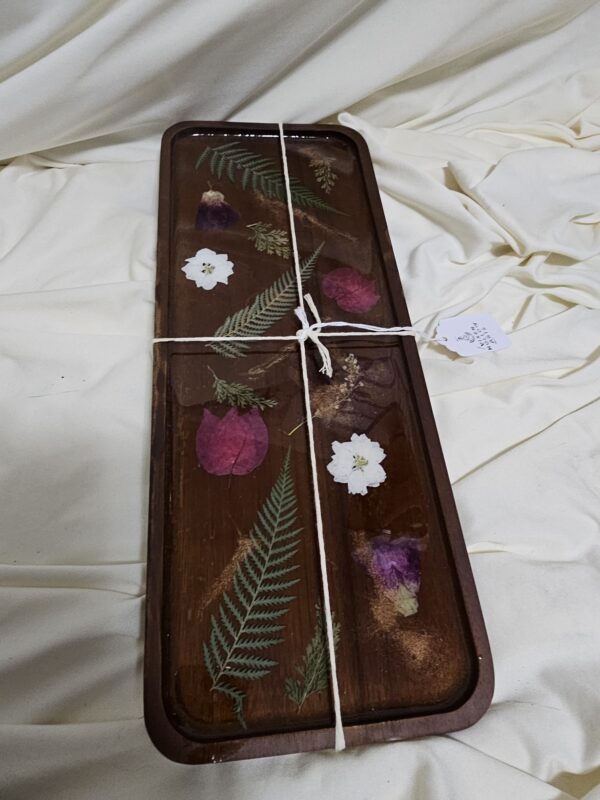 Maroon and Purple florals in resin on an Acacia Wood Tray
