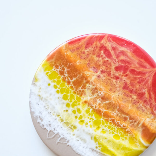 Glowing Sunsets Coaster A warm blend of fiery oranges, yellows, and red, capturing the breathtaking hues of a sunset. Circle 4" Coaster