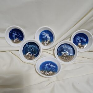 Circle Ceramic dish with Ocean Resin art and real sand and shells