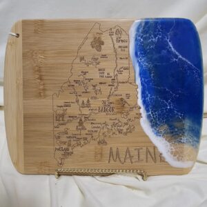 Rectangle Bamboo CHarcuterie with laser engraving of State of Maine Map with Ocean Resin Waves