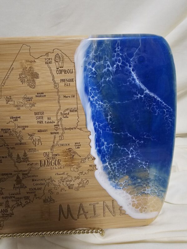 Rectangle Bamboo CHarcuterie with laser engraving of State of Maine Map with Ocean Resin Waves