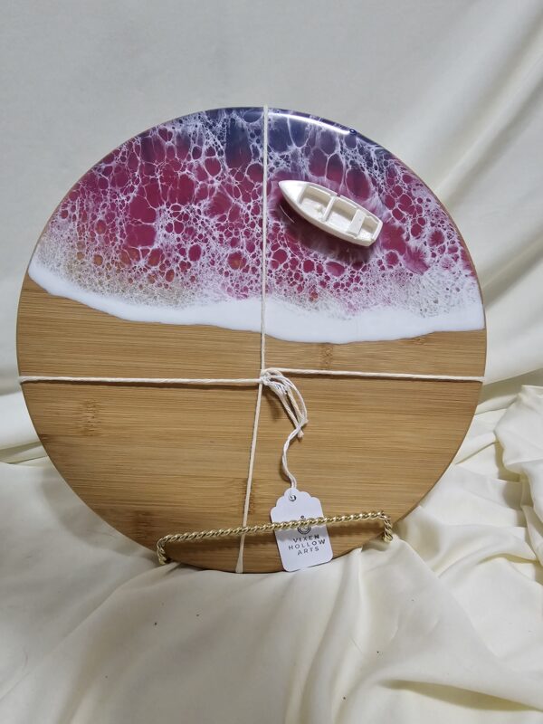 Pink and Purple Ocean Resin wave art on a Bamboo Lazy Susan with boat detail and wake