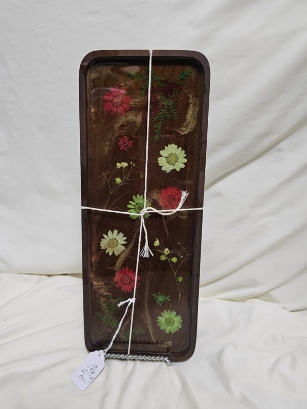 Acacia Wood Tray with Red and Green Pressed Florals in Resin