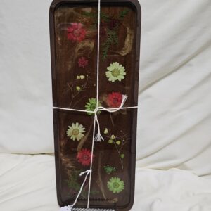 Acacia Wood Tray with Red and Green Pressed Florals in Resin